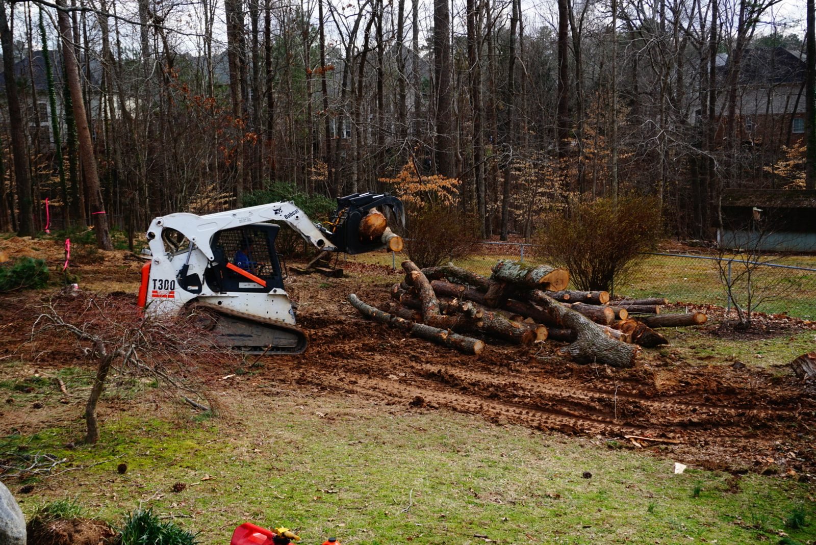 Skid steer stacking cut logs in a cleared yard